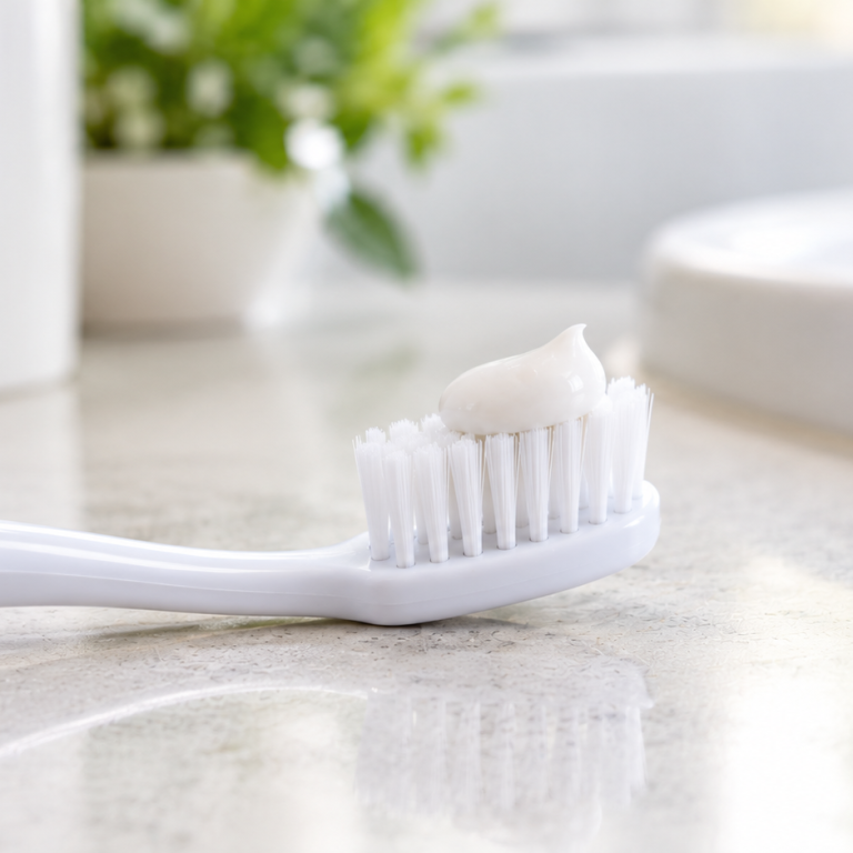 Pea-sized amount of fluoride toothpaste on a toothbrush.
