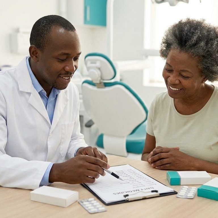Dentist reviewing a patient's medicine list before a tooth extraction on blood thinners.