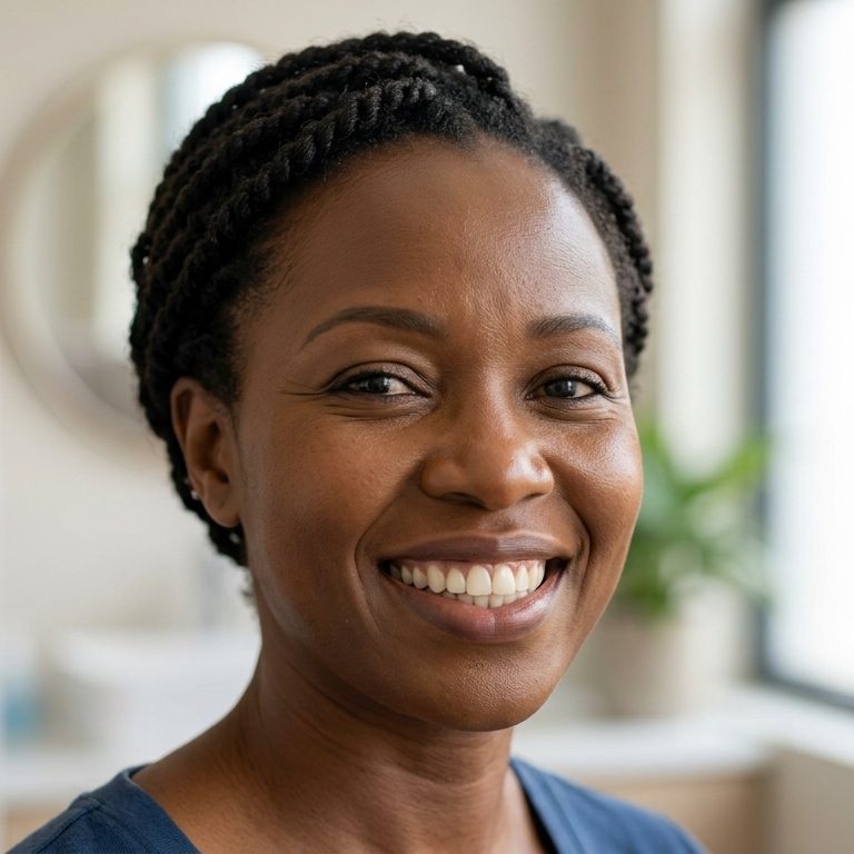 Woman smiling after a smile makeover in Nairobi with even, natural-looking teeth.