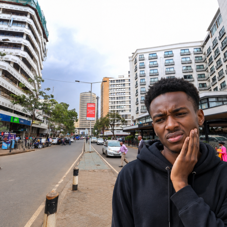 Young adult holding swollen jaw with wisdom tooth pain in Nairobi.